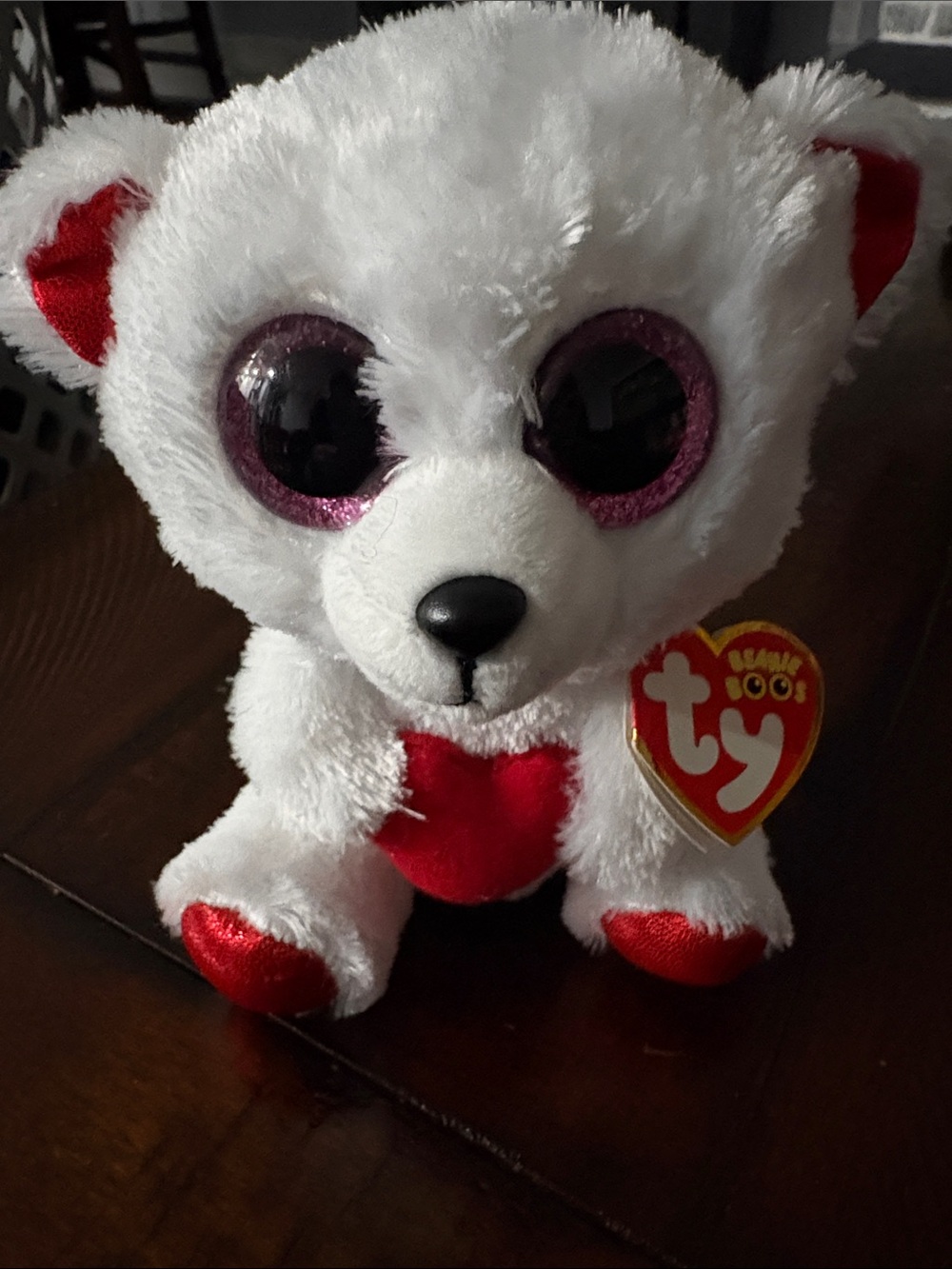 Ty Plush White Bear with Red Accents and Glittery Pink Eyes